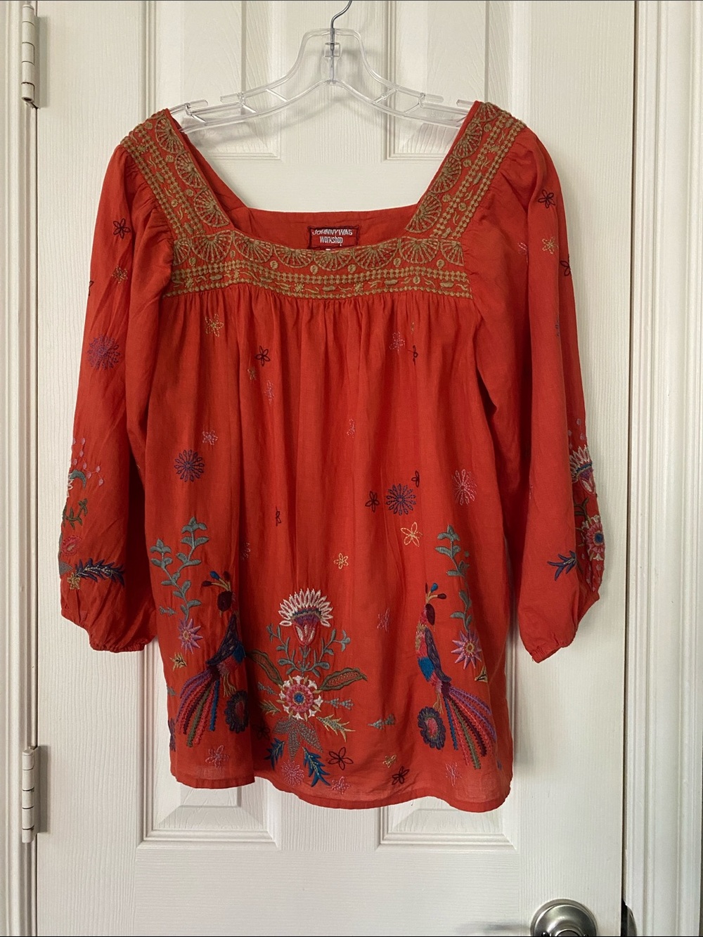 Johnny Was Red/Orange Embroidered Lucy Square -Neck Tunic Multicolor Bird Motif